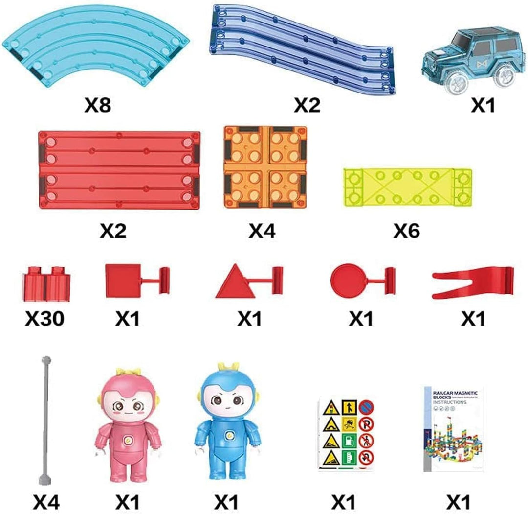 CELMAN Magnetische Bausteine Autorennbahn, 63 Stück Set 3D Magnet Bausteine Auto Rennbahn, Magnetbau