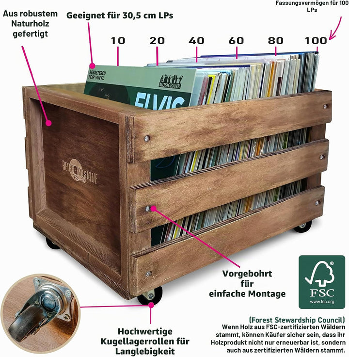 Retro Musique Aufbewahrungsbox aus Holz für bis zu 100 Alben (in PVC-Hüllen) mit Sackleinen-Stoffbez