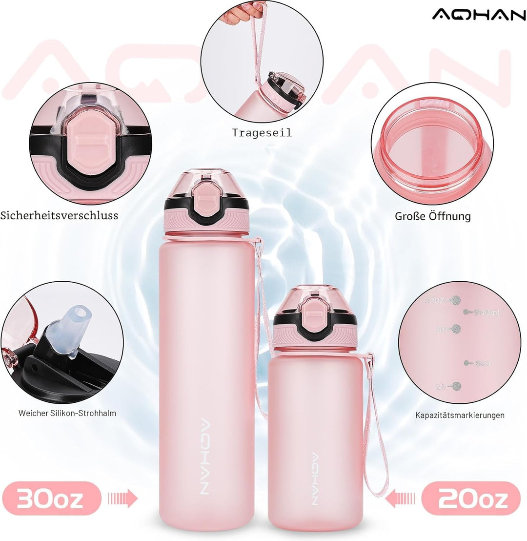 AOHAN Trinkflasche 1L mit auslaufsicherem Klappdeckel, BPA freie Sport Trinkflasche mit Stroh, Wasse
