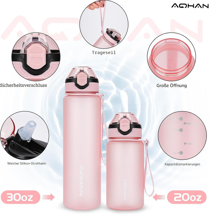 AOHAN Trinkflasche 1L mit auslaufsicherem Klappdeckel, BPA freie Sport Trinkflasche mit Stroh, Wasse