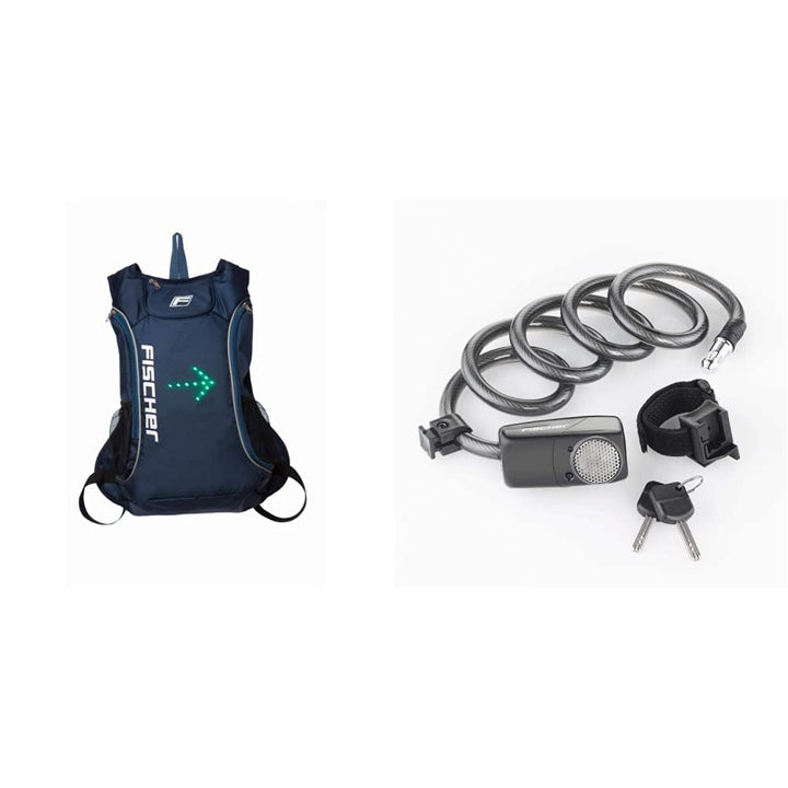 FISCHER Rucksack mit Blinkfunktion | E-Scooter | LED Blinker | 16 Liter & 85908 Alarm-Spiralschloss