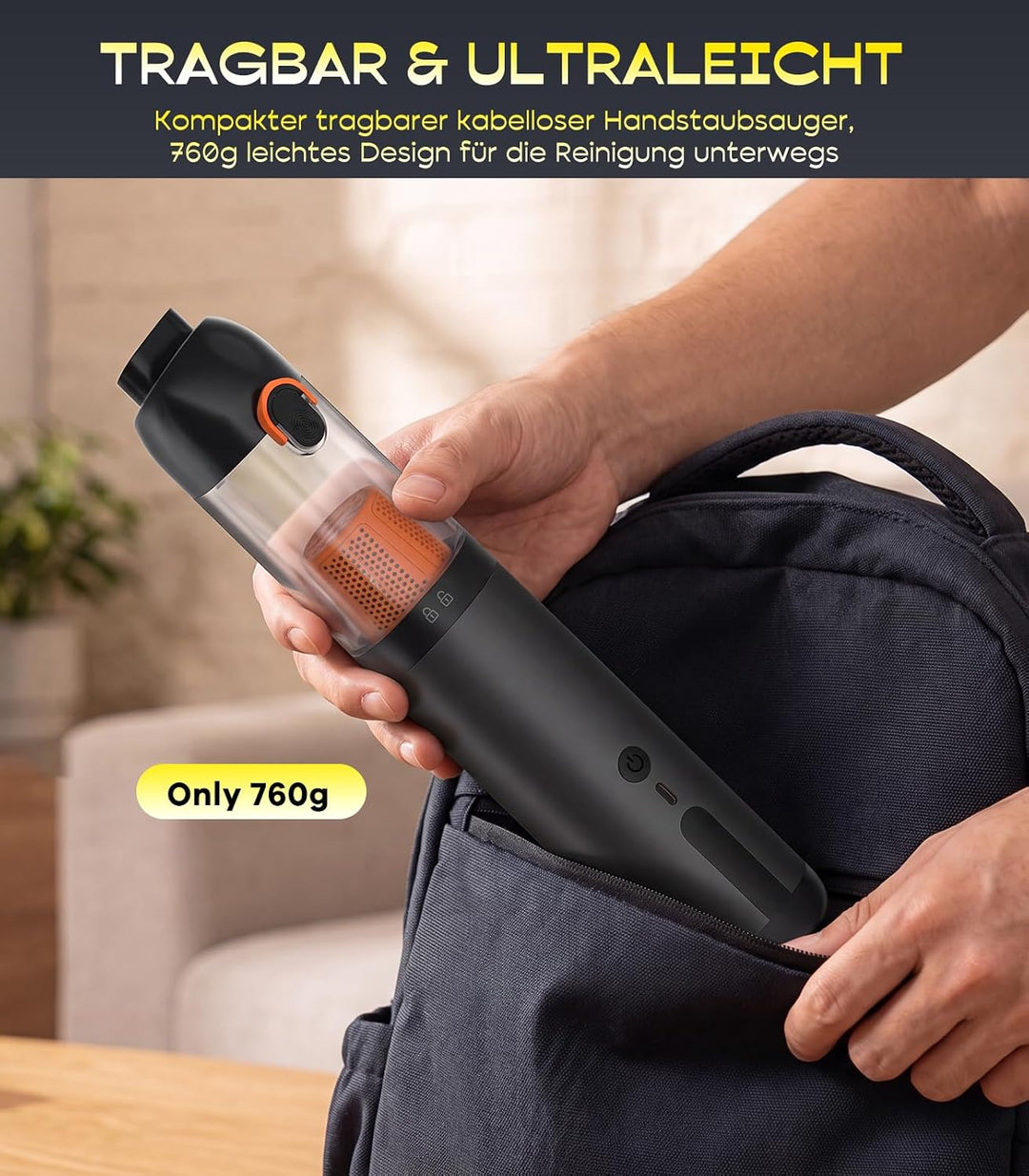 Handstaubsauger Akku 4-in-1, Mini Autostaubsauger Stark mit 20000 PA Saugkraft und 2 Saugstufen, USB