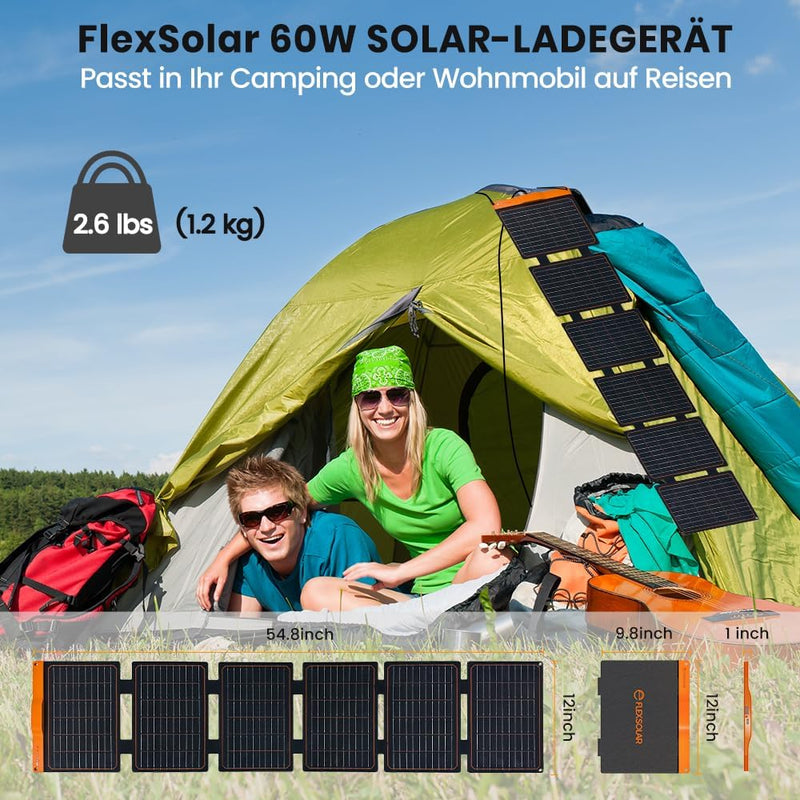 Solarpanel 60W, Flexsolar Tragbares faltbares Solarladegerät IP67 wasserdichtes Notstromcamping, gee