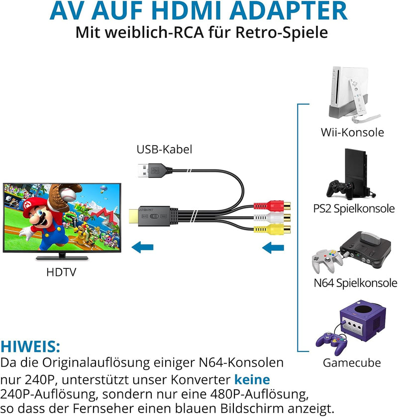 AUTOUTLET RCA auf HDMI Konverter, 1080P AV auf HDMI Adapter unterstützt 16:9/4:3 Konvertierung, PAL/