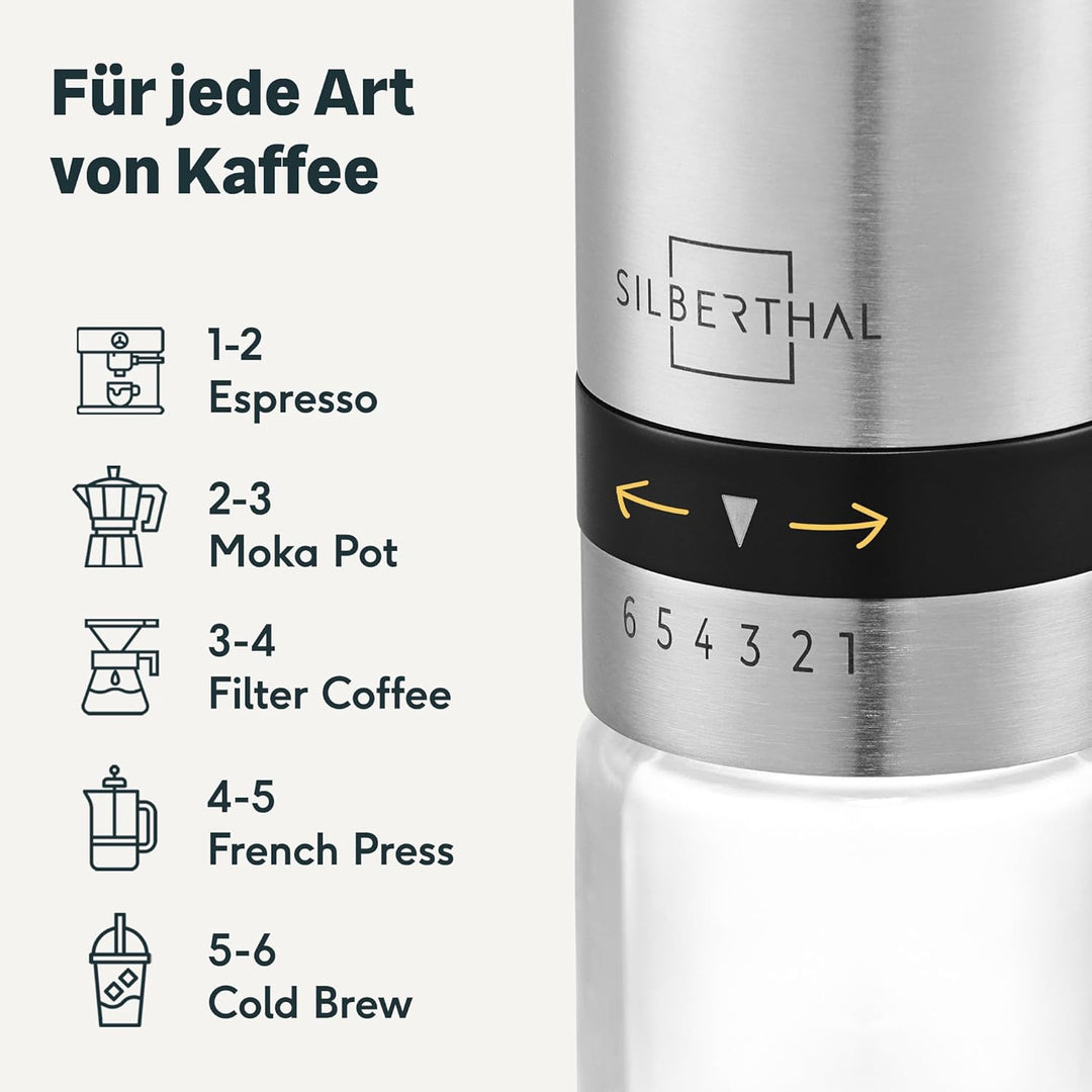 SILBERTHAL Handkaffeemühle manuell mit einstellbaren Mahlgraden & luftdichter Kaffeedose 500g aus Ed