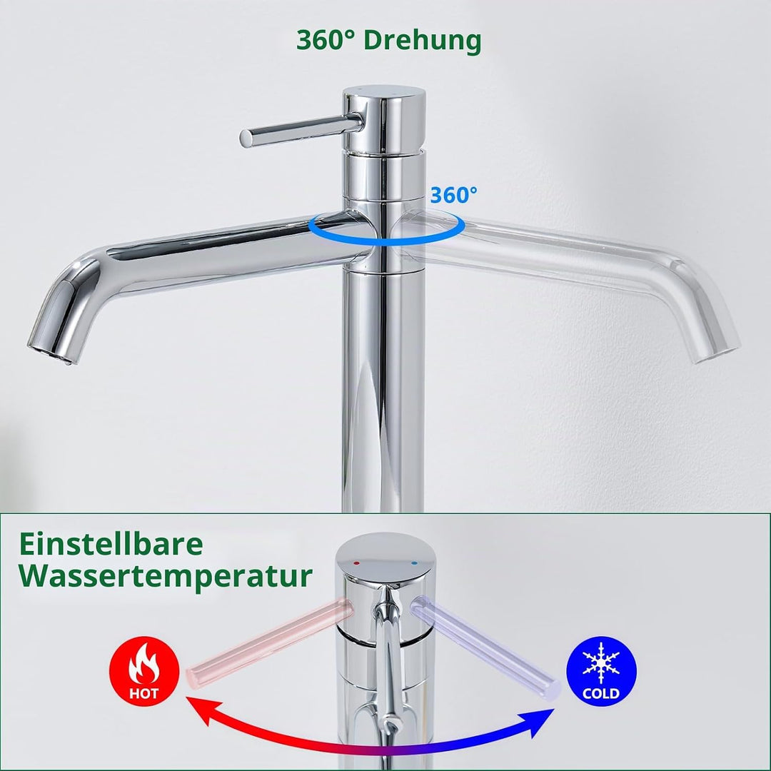 Waschtischarmatur Hoch, Wasserhahn Bad Hoch mit 360°Drehbarer Auslauf, Einhebel Waschtisch Armatur B