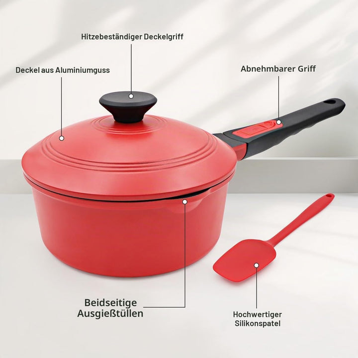 2,5 Liter Stielkasserolle Antihaft mit Aluminium Deckel, Kasserolle 20cm mit abnehmbarem Griff, Back