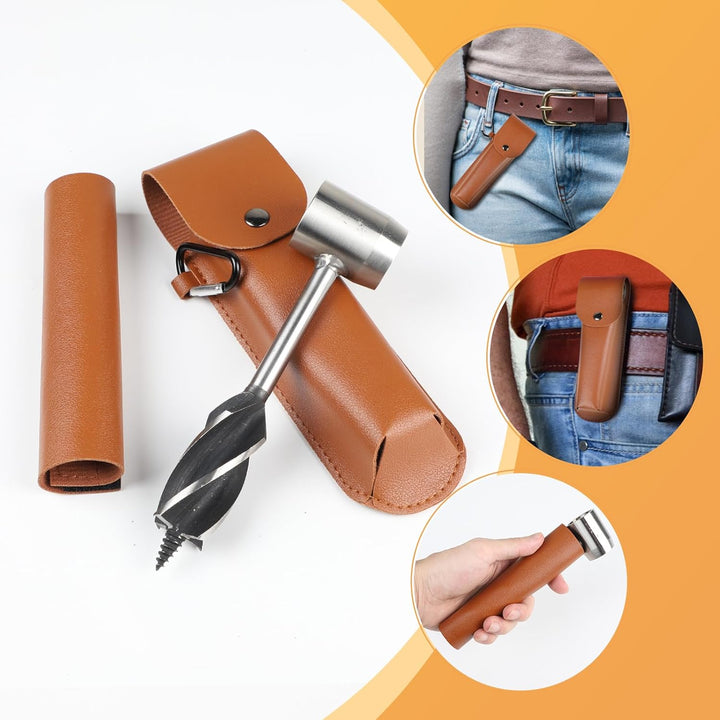 Holzbohrer Manuell Bushcraft, φ25x160mm, Schlangenbohrer Outdoor aus Stahl mit Braune Ledertasche &