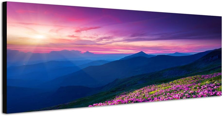 Paul Sinus Art Panoramabild auf Leinwand und Keilrahmen 120x40cm Ukraine Blumen Wiese Berge Sonnenun