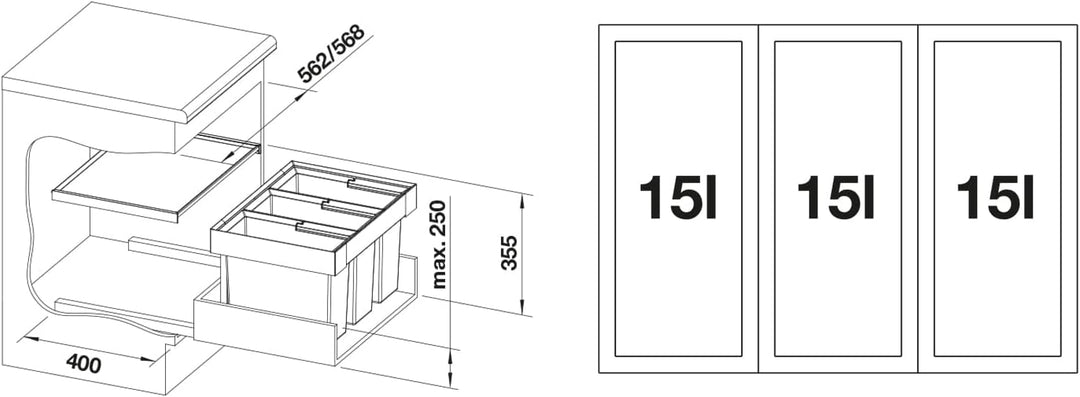 BLANCO Flexon II 60/3, Müllsystem für die Abfalltrennung in der Küche, mit 3 Mülleimern (je 15 l), z