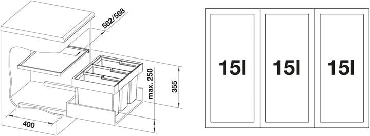 BLANCO Flexon II 60/3, Müllsystem für die Abfalltrennung in der Küche, mit 3 Mülleimern (je 15 l), z