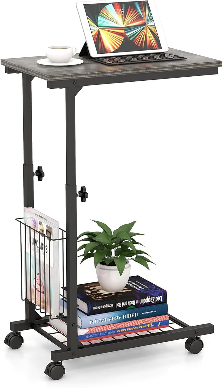 COSTWAY Beistelltisch mit Rollen, Laptoptisch höhenverstellbar, mit Aufbewahrungskorb, Sofatisch C-F