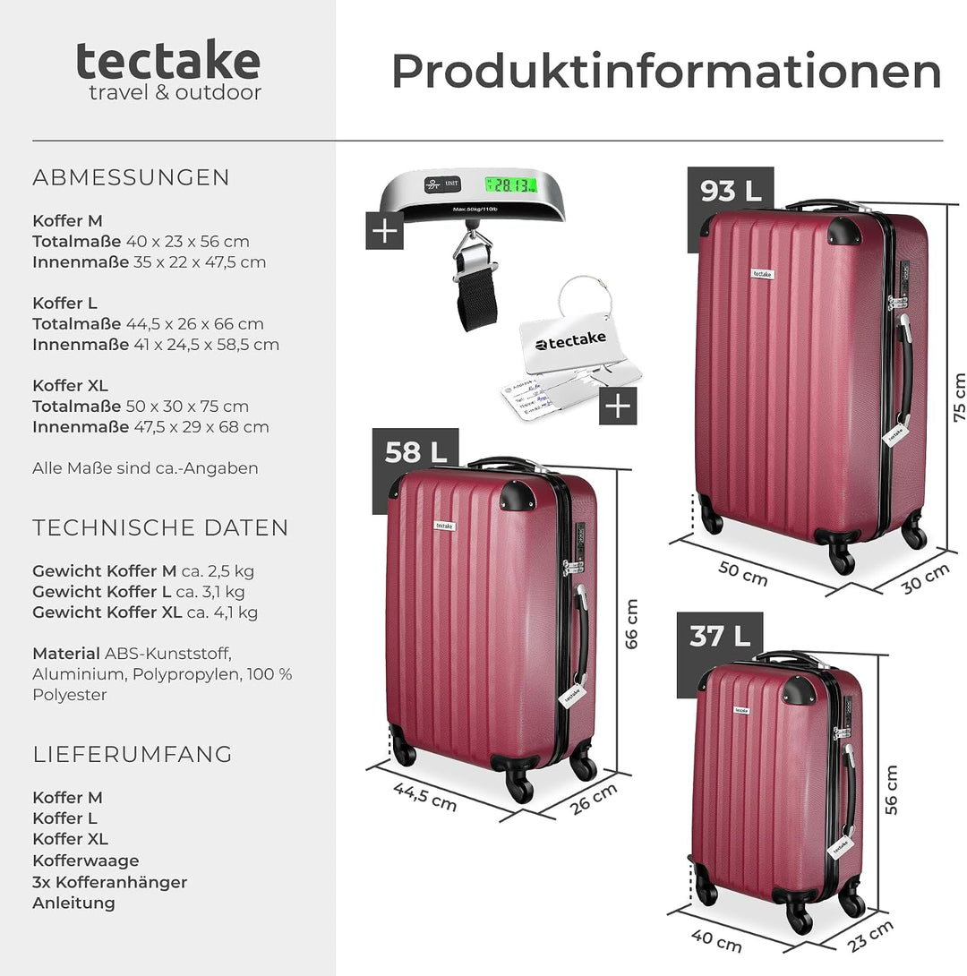 tectake® 3er Kofferset mit Kofferwaage & Kofferanhänger, Reisekoffer Set, ABS Hartschalenkoffer Set,