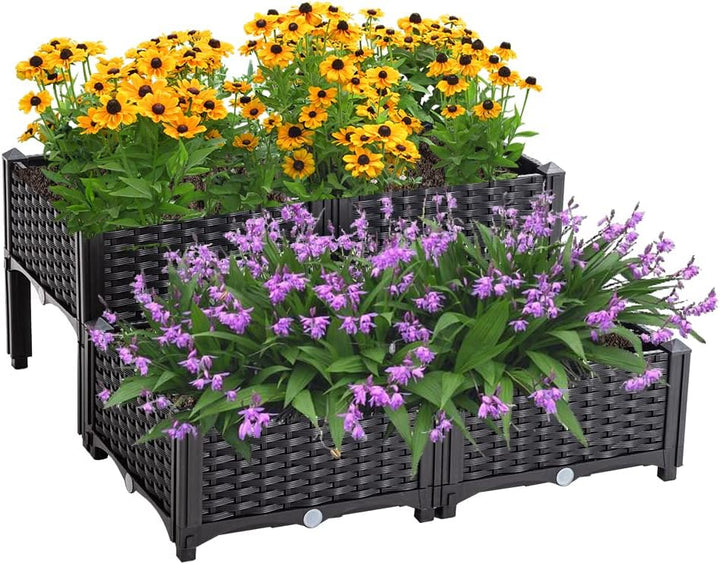 Mingone 4X Blumenkasten Rattan Optik Blumentopf aus Kunststoff Blumenkasten Balkonkasten mit Wassers