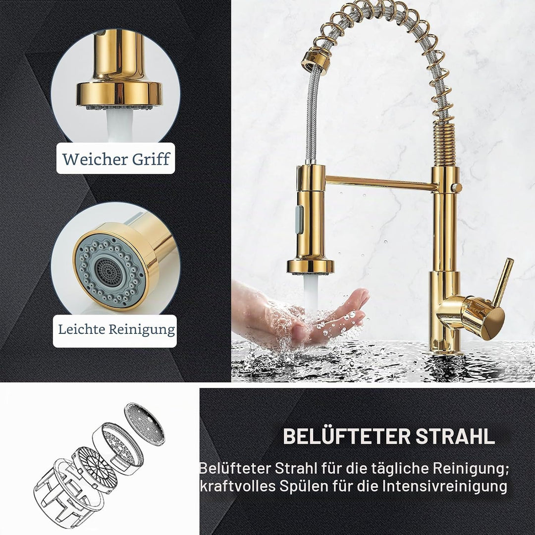 Cesinkin Küchenarmatur, goldfarben, 360 °, Küchenarmatur, mit 2 Sprühmodi, Mischbatterie, Küche, Ein