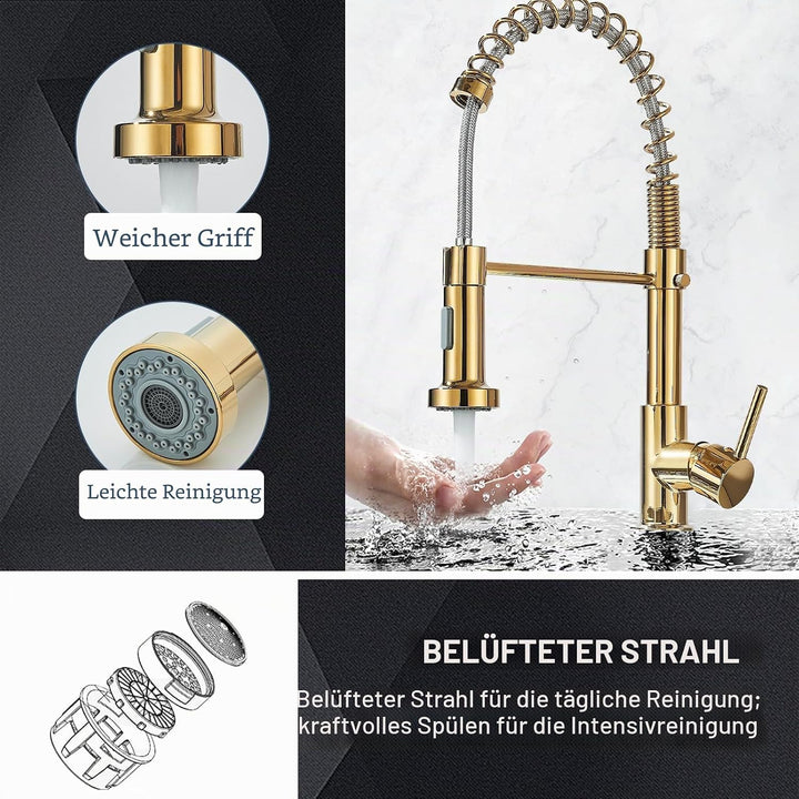 Cesinkin Küchenarmatur, goldfarben, 360 °, Küchenarmatur, mit 2 Sprühmodi, Mischbatterie, Küche, Ein