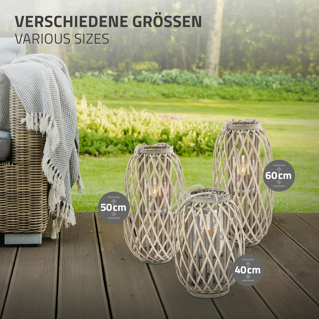 ECD Germany Laterne Ried 40xØ26 cm mit Henkel, Natur Grau/Braun, Holz Flechtoptik Rattan Windlicht m