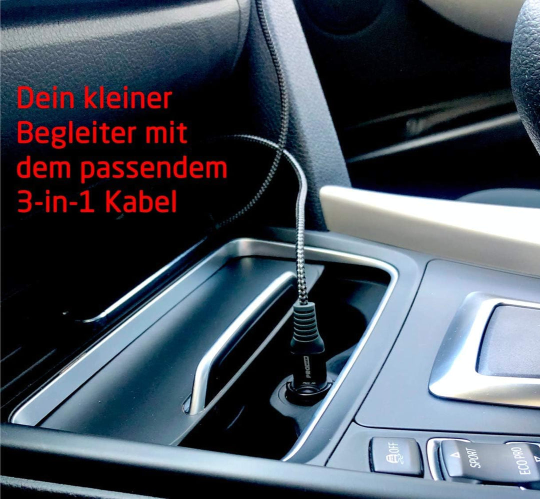 Pro User Set: Car USB Charger 30W + 3-in-1 USB Kabel – USB C- Lightning – Micro USB, das extra klein