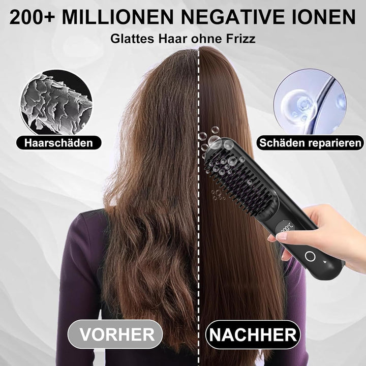 Kabellose Haarglätter Bürste - 3 Temperaturstufen, professionelle Keramikbeschichtung, Ionentechnolo