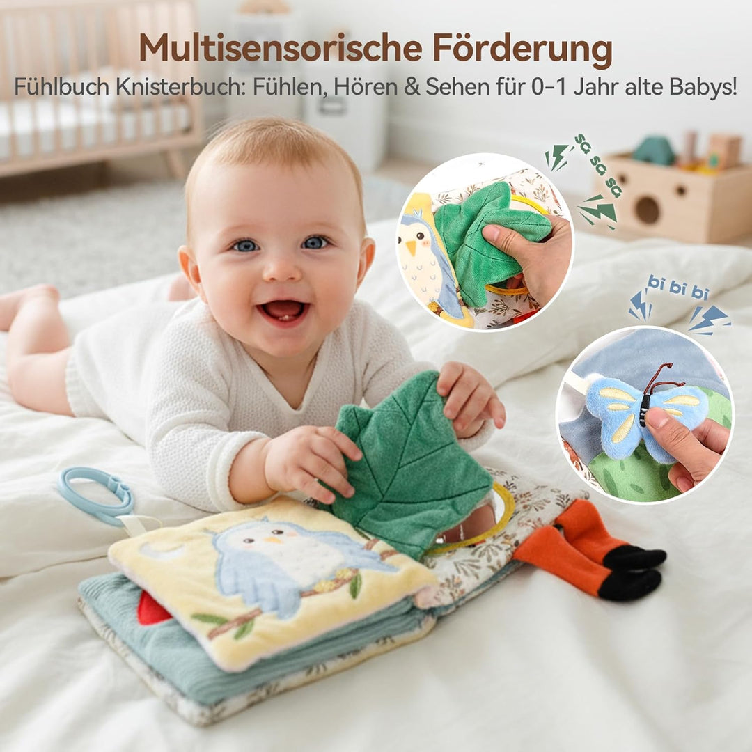 WOODEN TEETHER Babybuch Stoffbuch mit Spiegel, Baby Spielzeug 0-6 Monate Sensorisches Buch - Interak