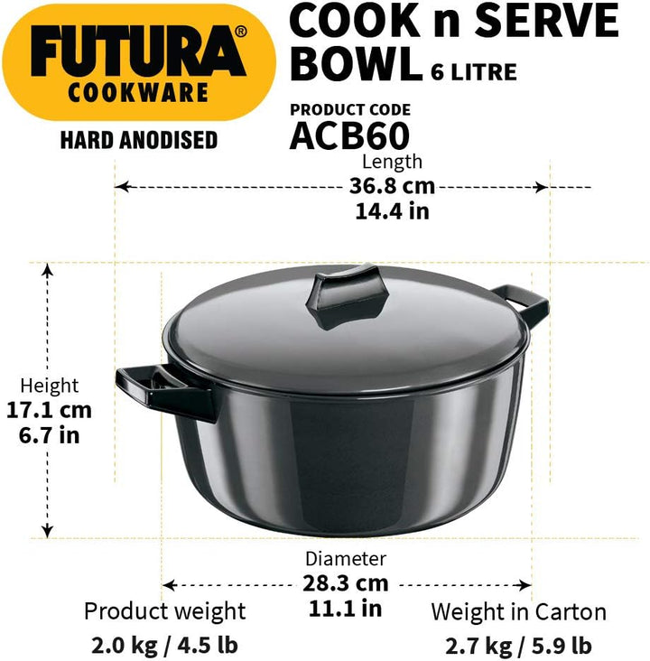 HAWKINS Futura Koch-N-Serve Schale harteloxiert schwarz 6 Liter, 6 Liter