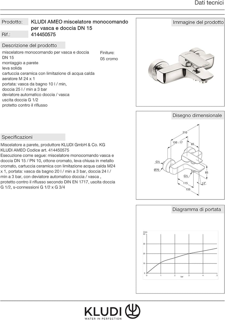 Kludi 414450575 , Wannenfüll- und Brause-Einhandmischer DN 15, Chrom