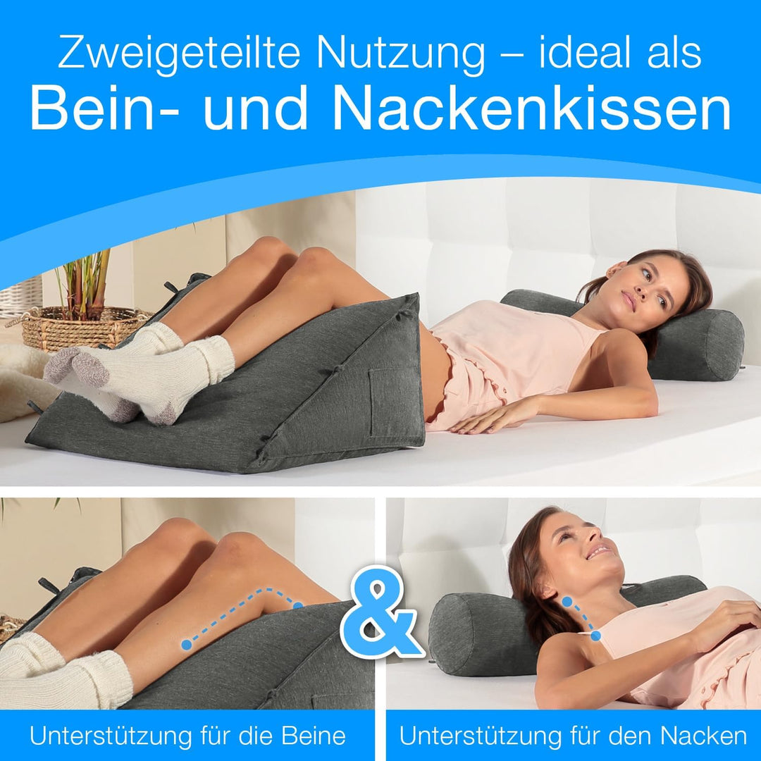 maxVitalis Rückenkissen Bett/Sofa mit Abnehmbarer Nackenrolle und Seitentasche, Rückenstützkissen mi