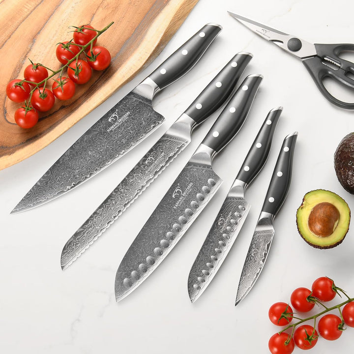 NANFANG BROTHERS Damascus Kitchen Knife Set 7 Piece with Block, Non-Slip ABS Handle, Ultra Sharp Sta