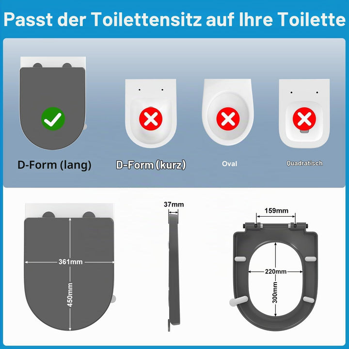 YEAUPE PRO Toilettendeckel mit Absenkautomatik D Form, WC-Sitz einfache Montage, Klodeckel abnehmbar