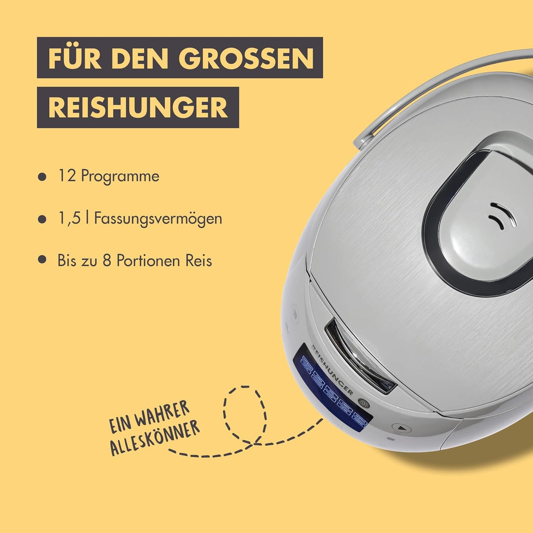 Reishunger Digitaler Reiskocher & Dampfgarer Grau + Gratis Kochbuch – Warmhaltefunktion, Timer & Pre