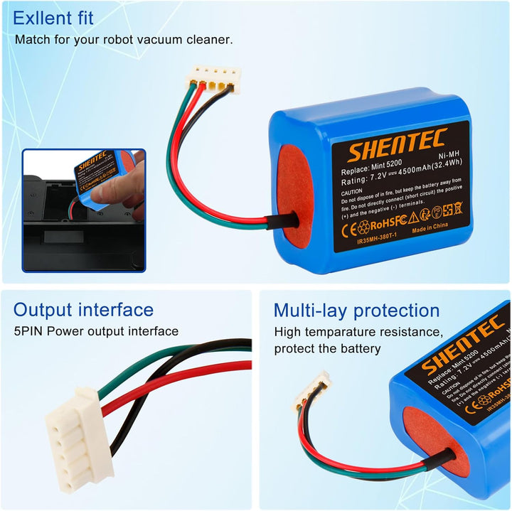 Shentec 7.2V 3500mAh Ni-MH Akku Ersatzakku für iRobot Braava 380 380T 390 390T Mint 5200 5200B 5200C