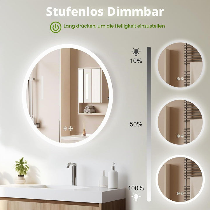 Spiegel mit Beleuchtung, 70cm Rund LED Spiegel mit Touch-Schalter, Dimmbar, 3 Lichtfarbe Einstellbar