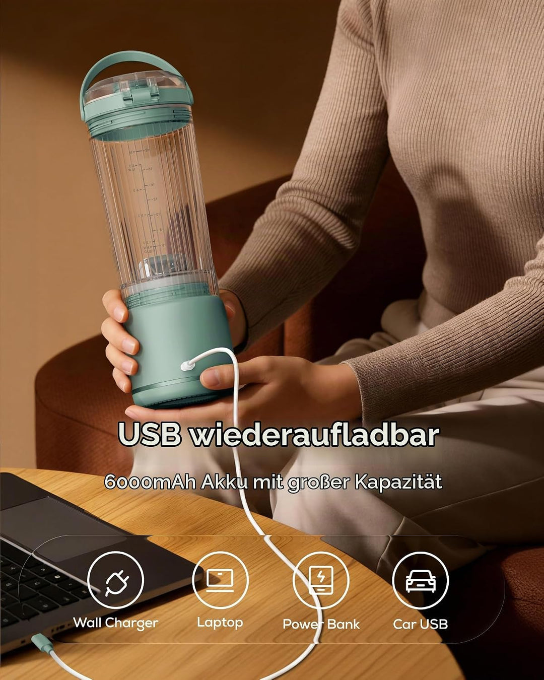 Sangcon Tragbarer Mixer 500ml, Smoothie Maker USB Wiederaufladbar, Mini Standmixer für Fitness, Camp