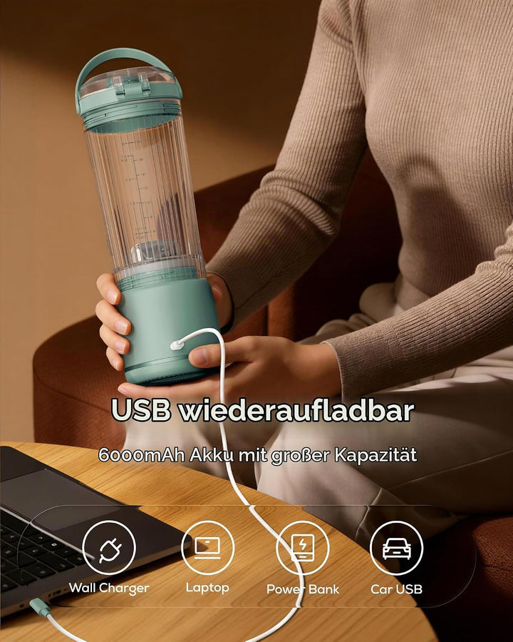 Sangcon Tragbarer Mixer 500ml, Smoothie Maker USB Wiederaufladbar, Mini Standmixer für Fitness, Camp
