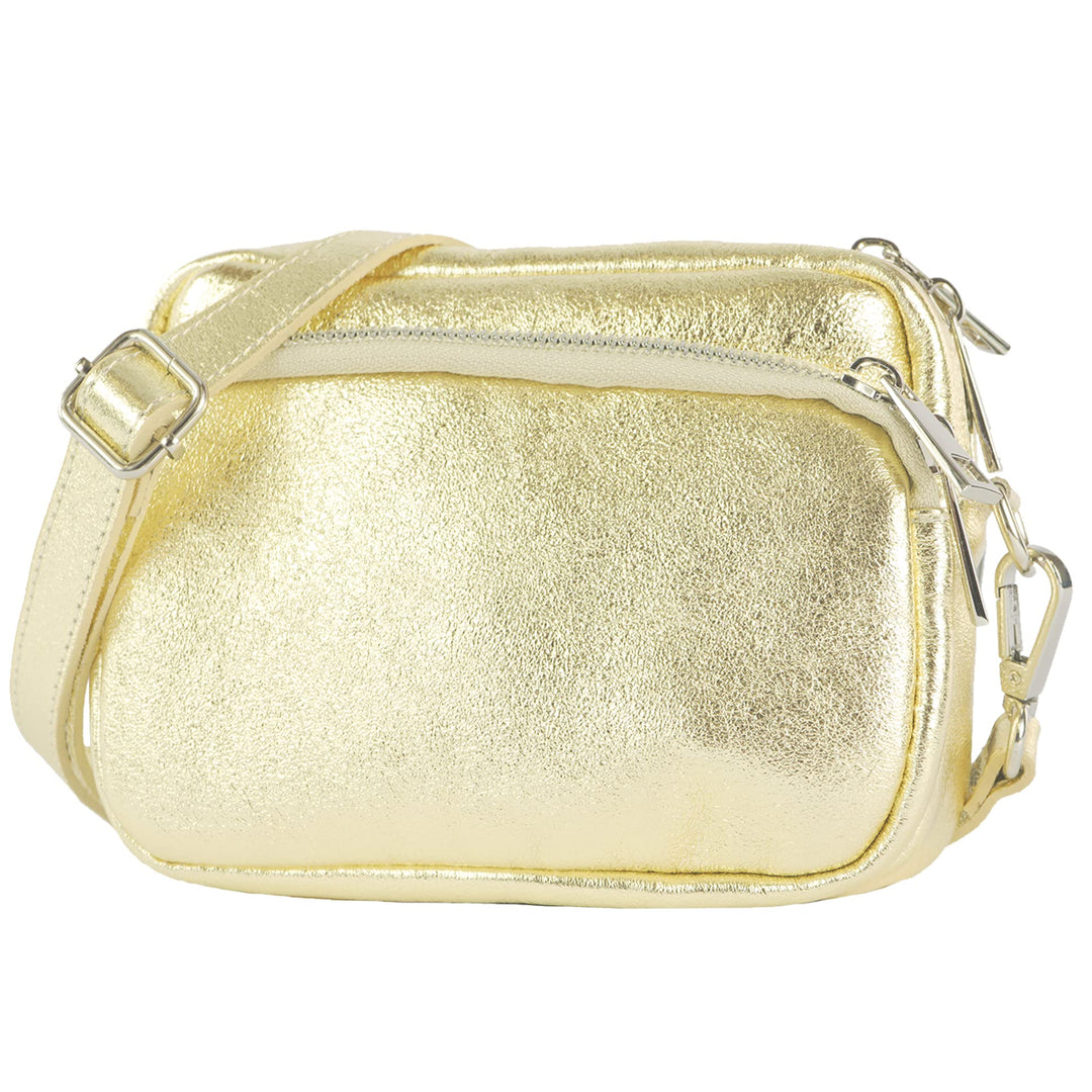 modamoda de - T231 - ital. Umhängetasche Klein Small aus Leder Lightgold Metallic, Lightgold Metalli