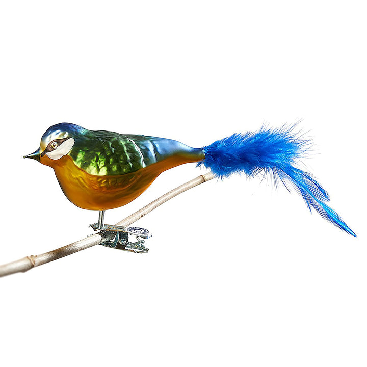Birds of Glass® Glas-Vogel, Blaumeise mit Naturfeder | Glasschmuck Made in Germany aus eigener Herst