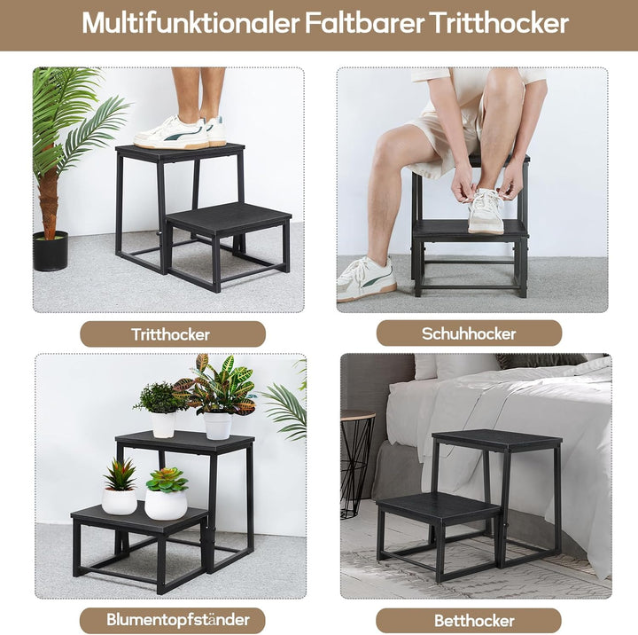 smusei 2 Stufen Tritthocker Klappbar für Erwachsene & Kinder, 3-in-1 Stabiler Holzhocker Fussbank Ab
