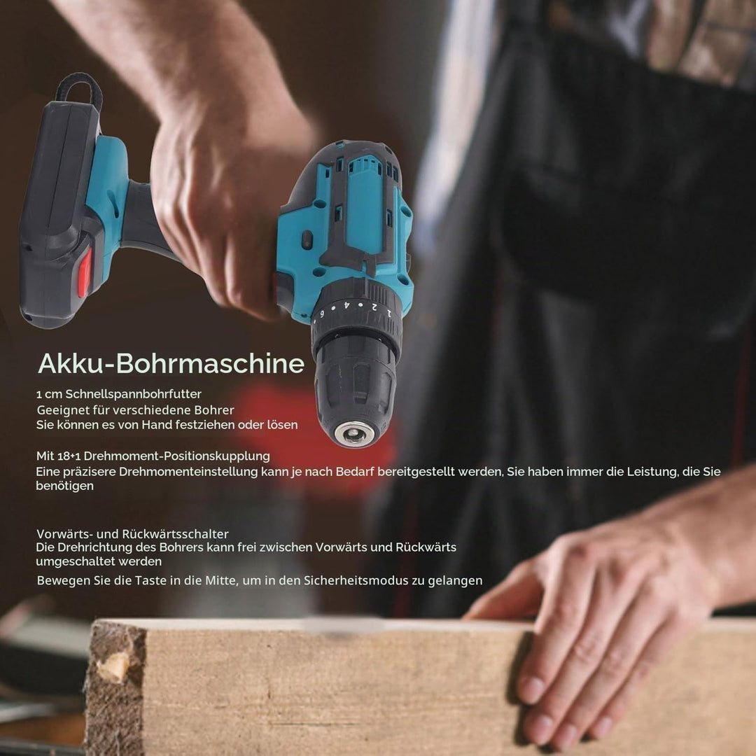 Kabelloser Bohrer-Treiber mit 2 21V 1200mAh Batterien, 40N.m Elektrobohrer Set 32 in 1, 25+3 Drehmom