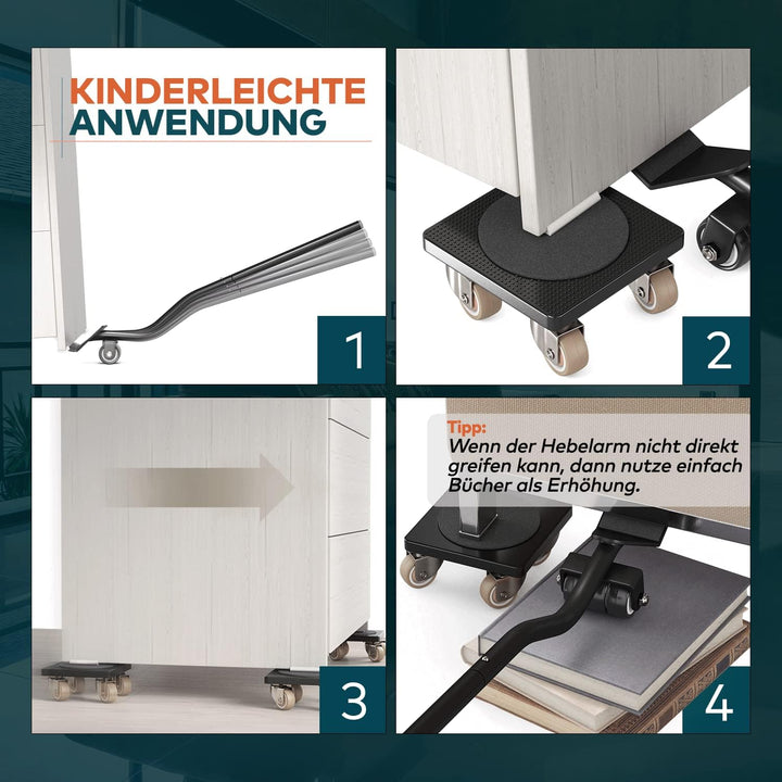 Der Innovative Möbelheber (inkl. Bremsen) für schwere Möbel von FAIRMO - 4 Möbelroller und 1 Lastenh