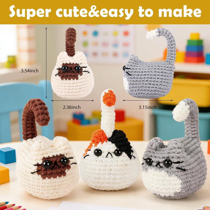 Zinueen Häkelset für Anfänger mit Videoanleitung - Komplettes Crochet Set für 3 süsse Katzen | Einfa