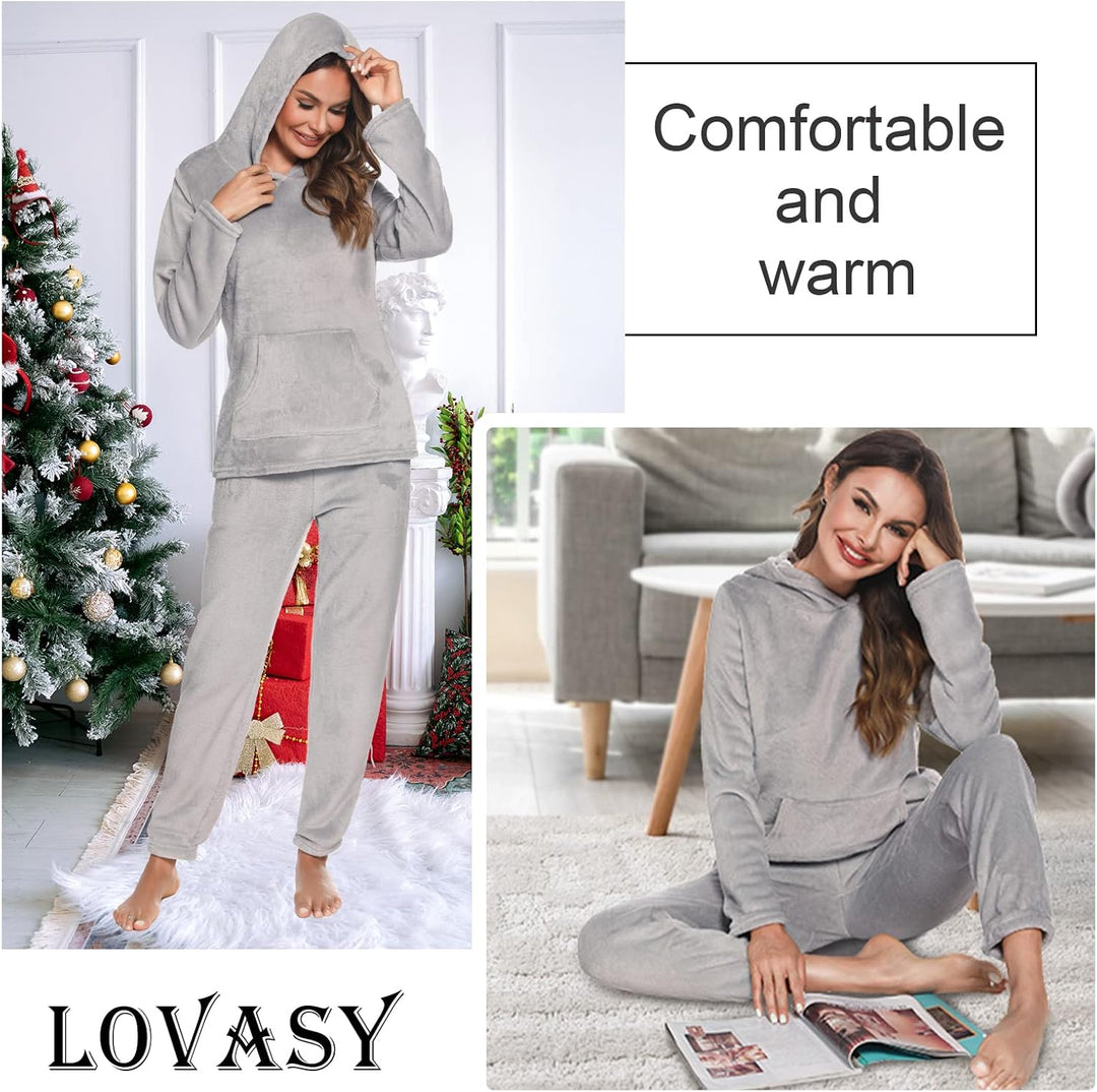 Lovasy Fleece Schlafanzug Damen Winter Lang Pyjama Set Warmer Flauschiger Frottee Schlafanzüge für D