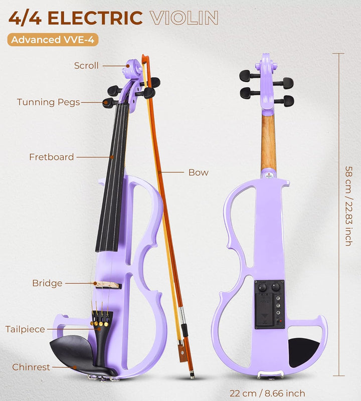 Vangoa 4/4 Elektrische Violine Stille Geige aus Massivem Holz mit Kolophonium, Tragetasche, Kabel, S