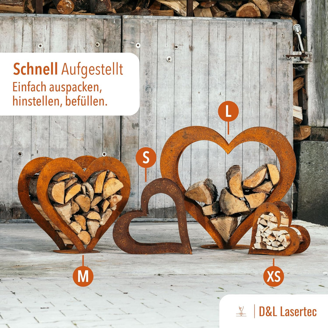D&amp;L Lasertec Kaminholzkorb, Herz aus Metall, Rost, Edelrost, Holzregal - Deko - SET M+S+XS