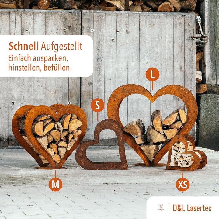 D&amp;L Lasertec Kaminholzkorb, Herz aus Metall, Rost, Edelrost, Holzregal - Deko - SET M+S+XS