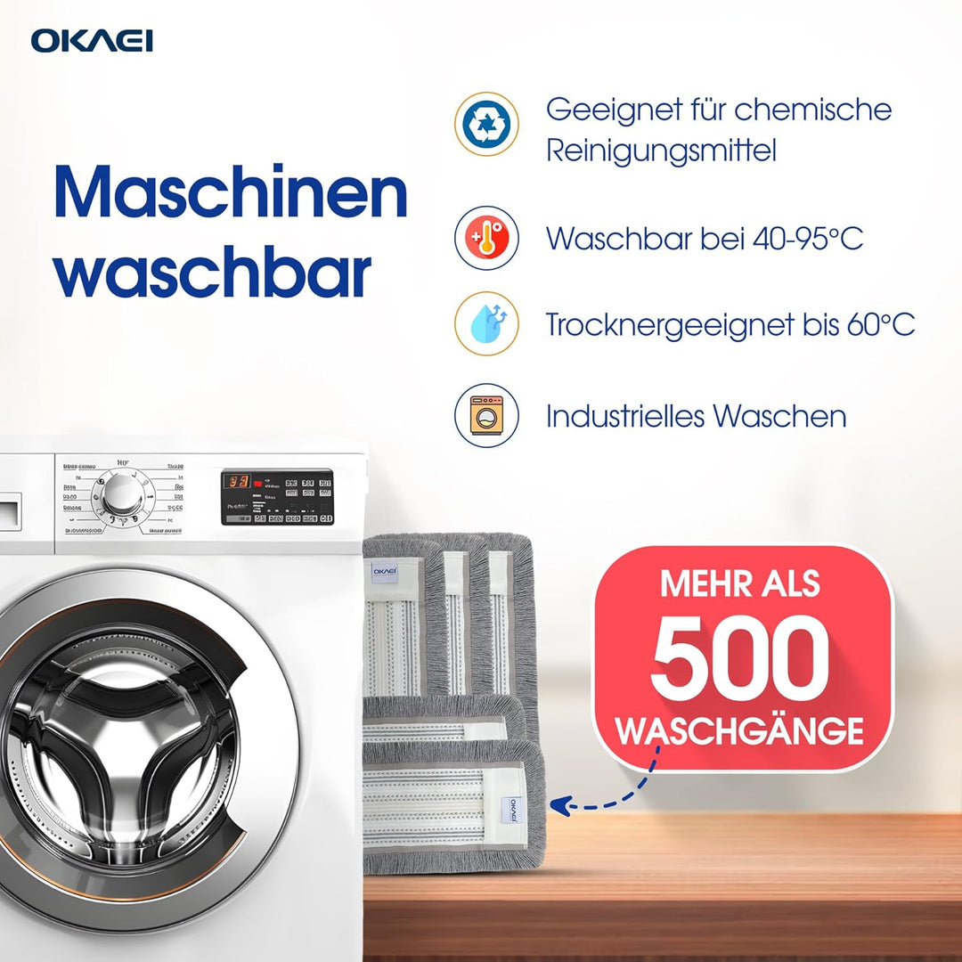 OKAEI Wischmop-Komplettset 50 cm – 5er Set: 5× Bezug Grau-Weiss-Beige + Klapphalter & Alu-Teleskopst