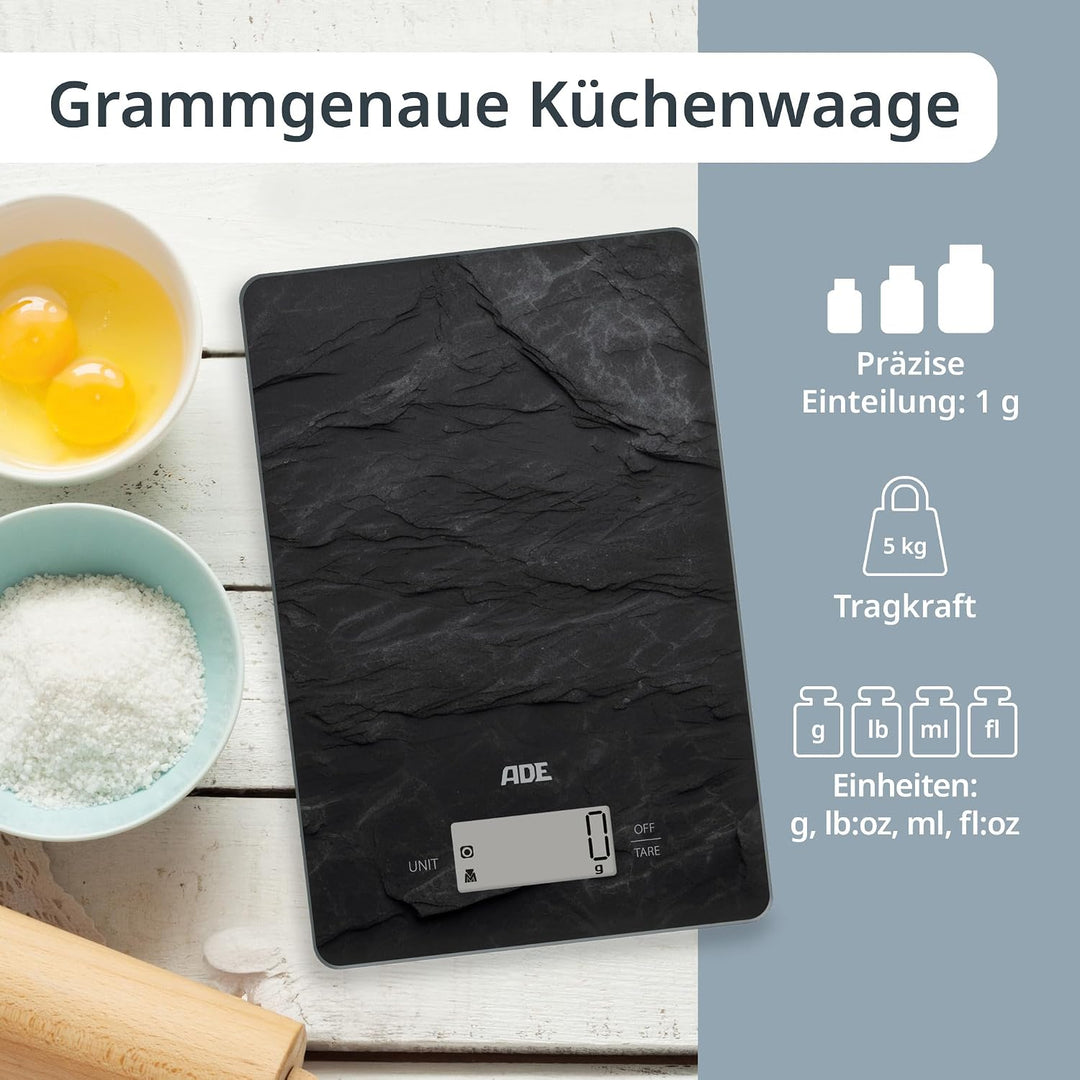 ADE Digitale Küchenwaage | präzise Grammwaage bis 5 kg | grosses Display | inkl. AAA Batterien | seh