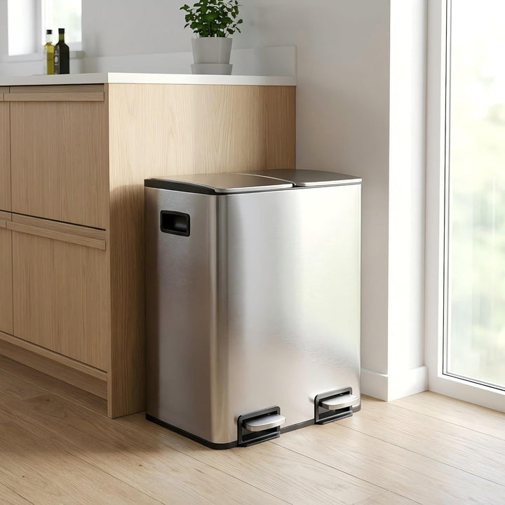 Mülleimer Küche 2 x 24L(48L), Edelstahl Treteimer mit Deckel, Mülltrennsystem 2 Fächer, Abfalleimer