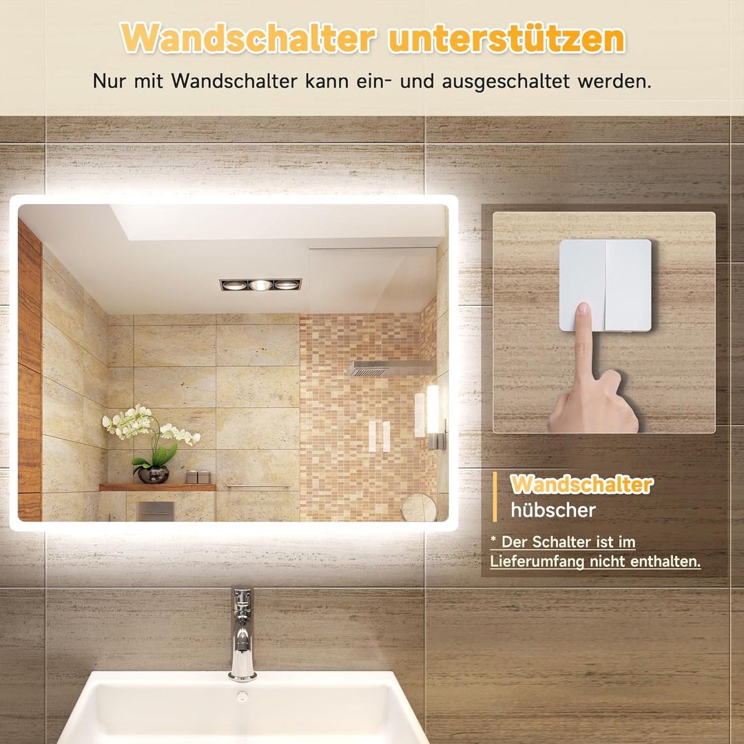 SONNI Badspiegel mit Beleuchtung 80x60 cm Wandspiegel Spiegel mit Beleuchtung Badezimmerspiegel kalt