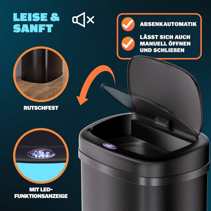 Monzana® Mülleimer mit Sensor Küche 50L Edelstahl Automatik Deckel Klemmring inkl. USB-Kabel Abfalle