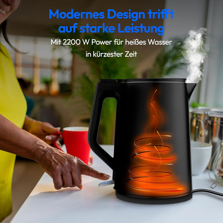 MEDION Wasserkocher Edelstahl (1,5 Liter, 2.200 Watt, 360° Basis, Warmhaltefunktion, LED Betriebsanz